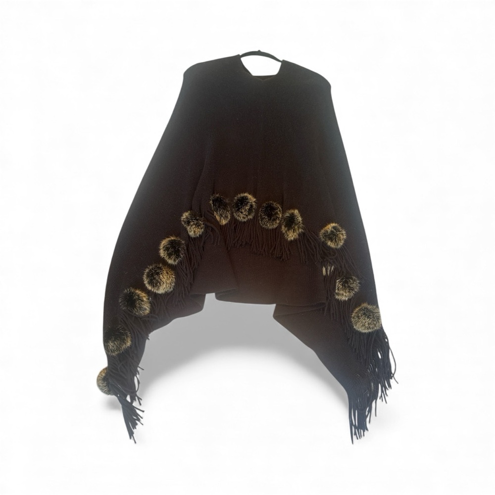Chic Black Poncho with Fur Details